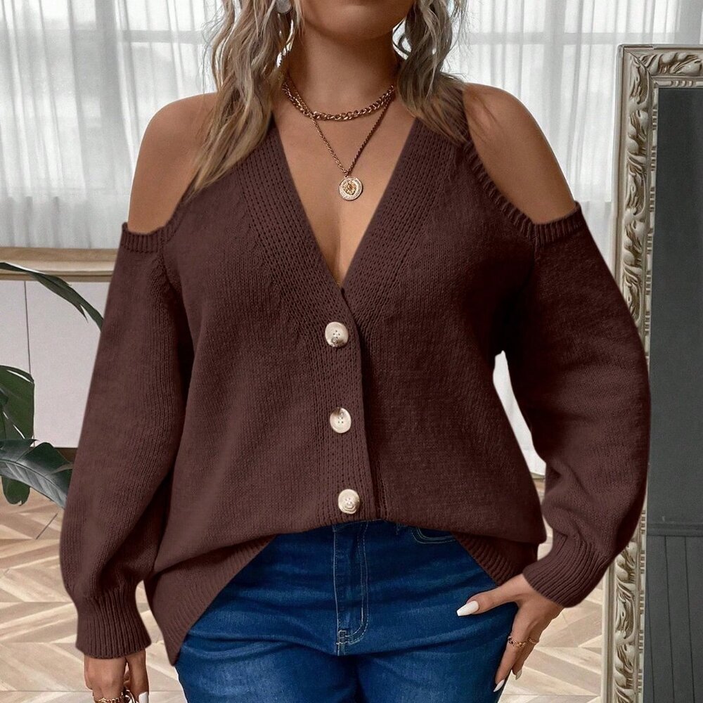 Plus Size Casual Women's Chocolate Brown cold-Shoulder sweater Cardigan